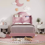 Kinder-Einzelbettgestell mit Samtpolsterung, Flügelkopfstütze, LED-Beleuchtung & Aufbewahrungsregal, Einzelbett im Prinzessinnen-Stil, kein Boxspring erforderlich