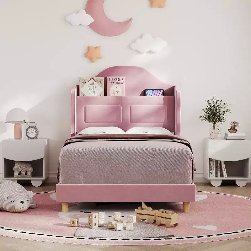 Kinder-Einzelbettgestell mit Samtpolsterung, Flügelkopfstütze, LED-Beleuchtung & Aufbewahrungsregal, Einzelbett im Prinzessinnen-Stil, kein Boxspring erforderlich