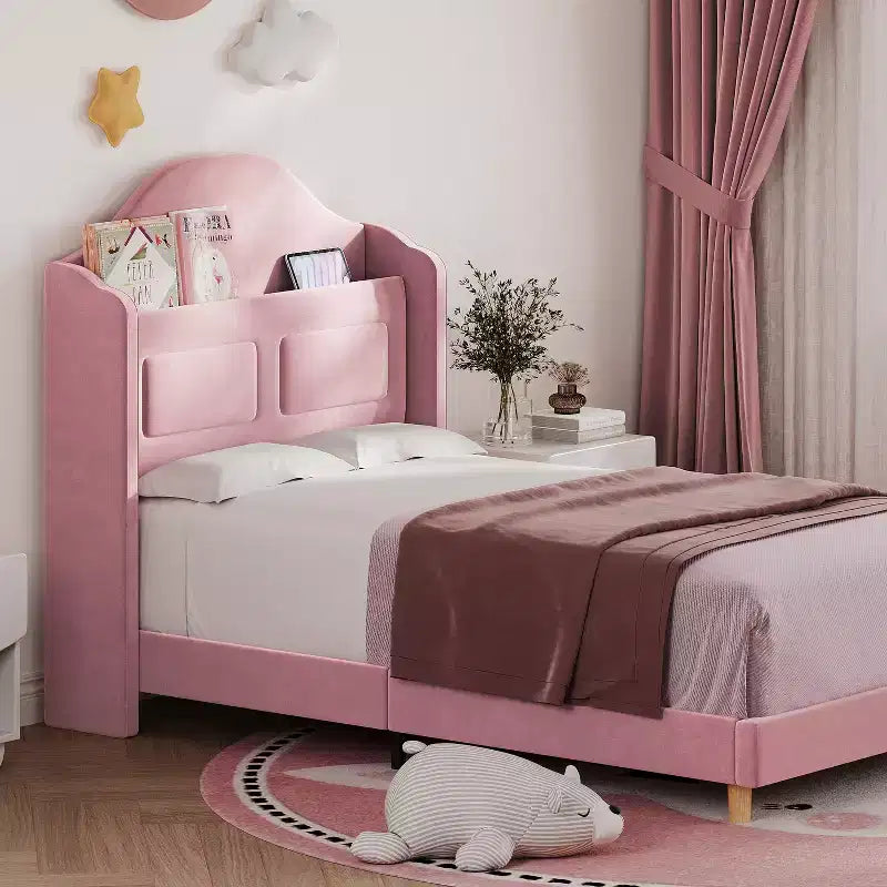 Kinder-Einzelbettgestell mit Samtpolsterung, Flügelkopfstütze, LED-Beleuchtung & Aufbewahrungsregal, Einzelbett im Prinzessinnen-Stil, kein Boxspring erforderlich