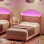 Kinder-Einzelbettgestell mit Samtpolsterung, Flügelkopfstütze, LED-Beleuchtung & Aufbewahrungsregal, Einzelbett im Prinzessinnen-Stil, kein Boxspring erforderlich