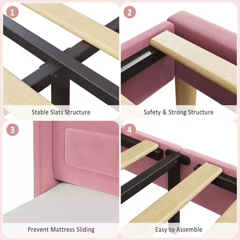 Kinder-Einzelbettgestell mit Samtpolsterung, Flügelkopfstütze, LED-Beleuchtung & Aufbewahrungsregal, Einzelbett im Prinzessinnen-Stil, kein Boxspring erforderlich