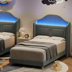 Kinder-Einzelbettgestell mit Samtpolsterung, Flügelkopfstütze, LED-Beleuchtung & Aufbewahrungsregal, Einzelbett im Prinzessinnen-Stil, kein Boxspring erforderlich
