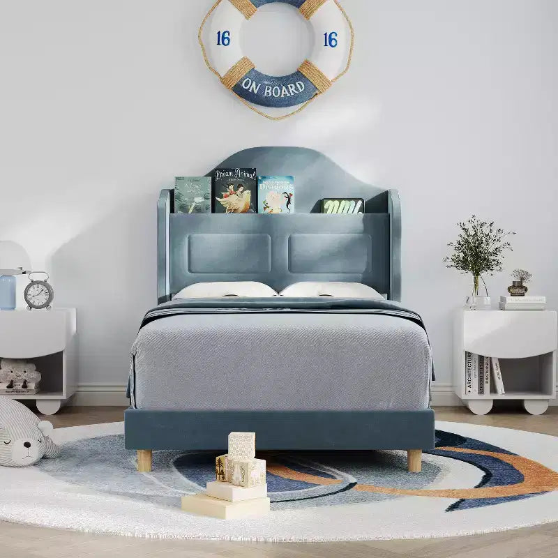Kinder-Einzelbettgestell mit Samtpolsterung, Flügelkopfstütze, LED-Beleuchtung & Aufbewahrungsregal, Einzelbett im Prinzessinnen-Stil, kein Boxspring erforderlich