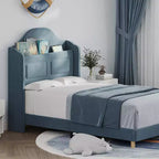 Kinder-Einzelbettgestell mit Samtpolsterung, Flügelkopfstütze, LED-Beleuchtung & Aufbewahrungsregal, Einzelbett im Prinzessinnen-Stil, kein Boxspring erforderlich