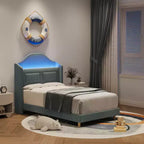 Kinder-Einzelbettgestell mit Samtpolsterung, Flügelkopfstütze, LED-Beleuchtung & Aufbewahrungsregal, Einzelbett im Prinzessinnen-Stil, kein Boxspring erforderlich