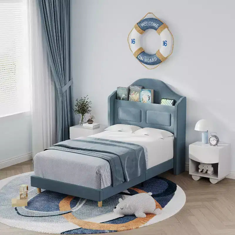 Kids Twin Bed Frame with Velvet Upholstery, Wingback Headboard, LED Lights & Storage Bookcase, Princess Style Twin Bed, No Box Spring Required