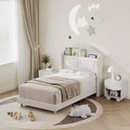 Kinder-Einzelbettgestell mit Samtpolsterung, Flügelkopfstütze, LED-Beleuchtung & Aufbewahrungsregal, Einzelbett im Prinzessinnen-Stil, kein Boxspring erforderlich