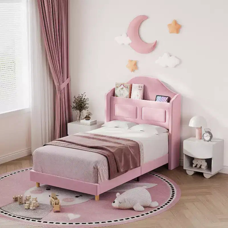 Kinder-Einzelbettgestell mit Samtpolsterung, Flügelkopfstütze, LED-Beleuchtung & Aufbewahrungsregal, Einzelbett im Prinzessinnen-Stil, kein Boxspring erforderlich