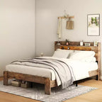 Full/Queen/King Size Platform Bed Frame with LED Light Headboard and 2 USB, Wood Platform Bed with Storage