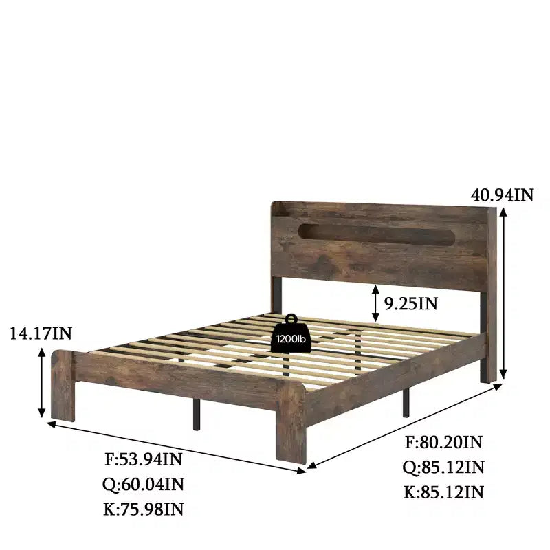Plattform-Bettrahmen in Full/Queen/King-Size mit LED-Kopfteil und 2 USB-Anschlüssen, Holz-Plattformbett mit Stauraum