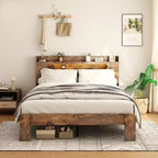 Plattform-Bettrahmen in Full/Queen/King-Size mit LED-Kopfteil und 2 USB-Anschlüssen, Holz-Plattformbett mit Stauraum