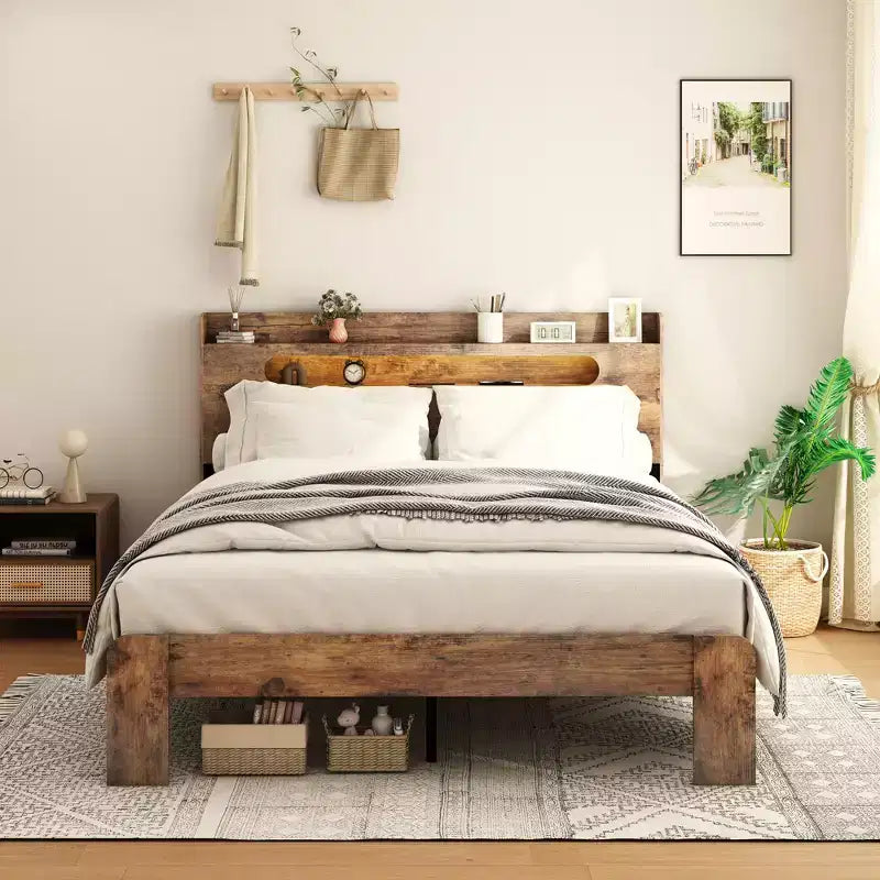 Plattform-Bettrahmen in Full/Queen/King-Size mit LED-Kopfteil und 2 USB-Anschlüssen, Holz-Plattformbett mit Stauraum