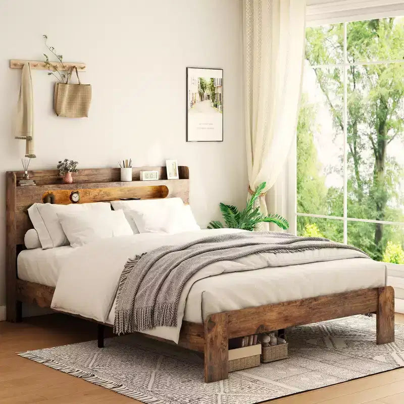 Plattform-Bettrahmen in Full/Queen/King-Size mit LED-Kopfteil und 2 USB-Anschlüssen, Holz-Plattformbett mit Stauraum