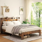 Plattform-Bettrahmen in Full/Queen/King-Size mit LED-Kopfteil und 2 USB-Anschlüssen, Holz-Plattformbett mit Stauraum