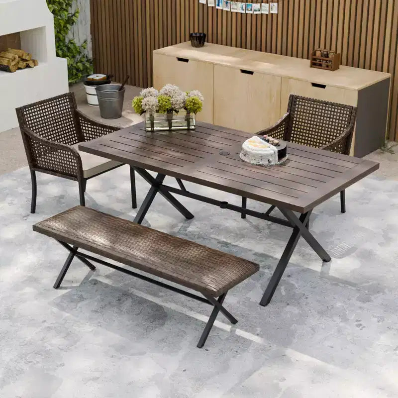 EAGLE PEAK Outdoor Dining Sets, Patio Table Set with Umbrella Hole, 2 Chairs and Bench, Brown/Beige