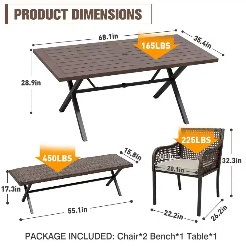 EAGLE PEAK Outdoor-Essgarnituren, Terrassentisch-Set mit Schirmloch, 2 Stühlen und Bank, Braun/Beige