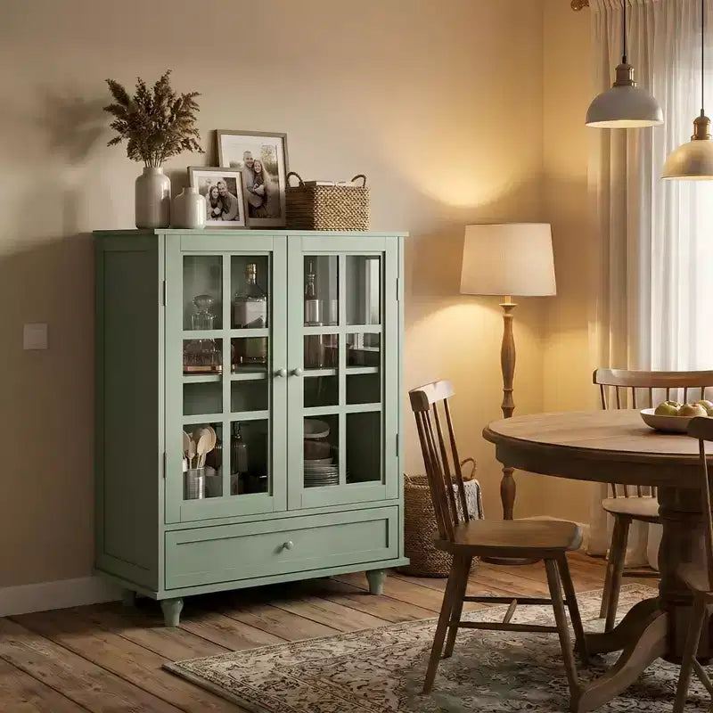 FurnitureR Minimalism Buffet Cabinet with Glass Doors and Drawer, Farmhouse Storage Cabinet for Dining Room, Kitchen, Living Room, Hallway Entryway