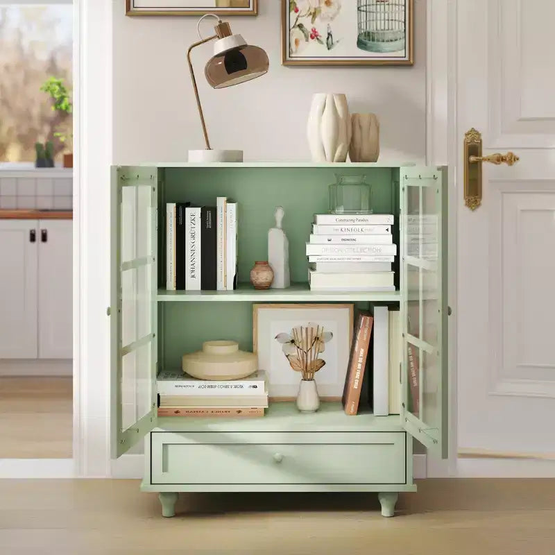 FurnitureR minimalistisches Sideboard mit Glastüren und Schublade, Farmhouse-Aufbewahrungsschrank für Esszimmer, Küche, Wohnzimmer, Flur/Eingangsbereich