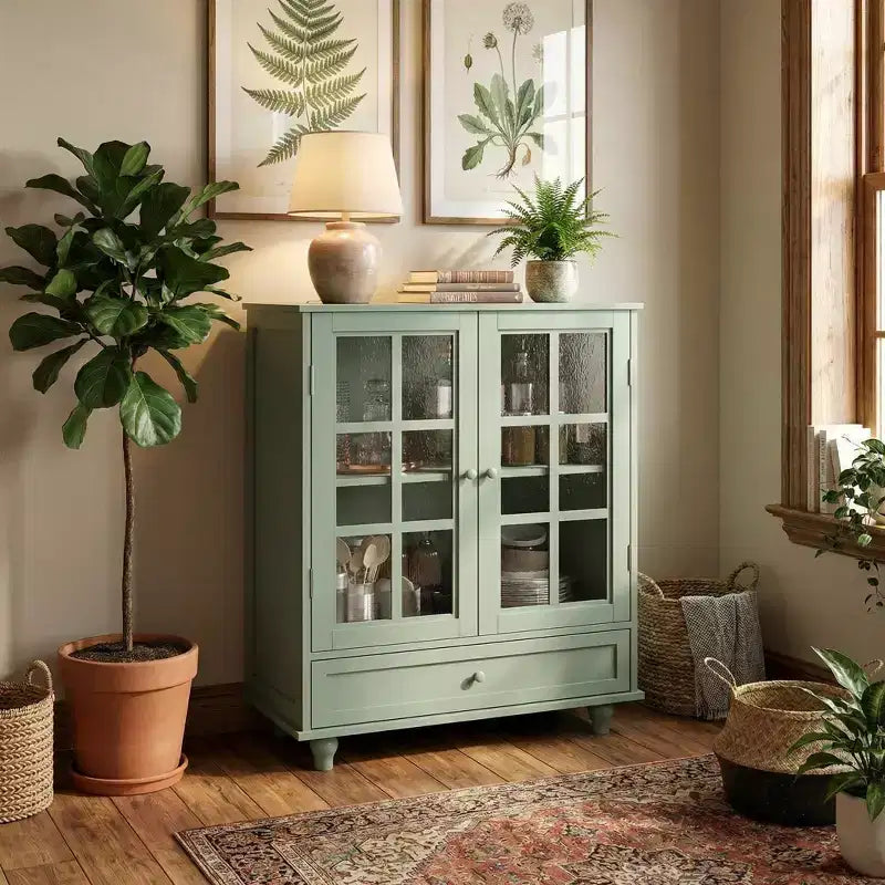 FurnitureR minimalistisches Sideboard mit Glastüren und Schublade, Farmhouse-Aufbewahrungsschrank für Esszimmer, Küche, Wohnzimmer, Flur/Eingangsbereich