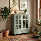 FurnitureR minimalistisches Sideboard mit Glastüren und Schublade, Farmhouse-Aufbewahrungsschrank für Esszimmer, Küche, Wohnzimmer, Flur/Eingangsbereich