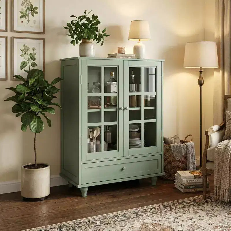 FurnitureR minimalistisches Sideboard mit Glastüren und Schublade, Farmhouse-Aufbewahrungsschrank für Esszimmer, Küche, Wohnzimmer, Flur/Eingangsbereich