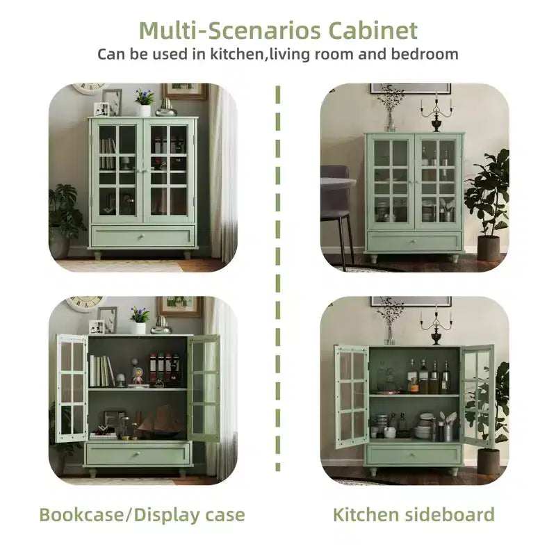 FurnitureR minimalistisches Sideboard mit Glastüren und Schublade, Farmhouse-Aufbewahrungsschrank für Esszimmer, Küche, Wohnzimmer, Flur/Eingangsbereich