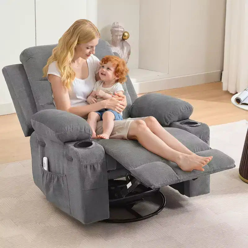 Drehbarer Relaxsessel mit Massage- & Heizfunktion, 360°-Gleiter mit Getränkehaltern & Seitentaschen, Ergonomisches Lounge-Sofa für Wohnzimmer, Wohnmobil, Kinderzimmer