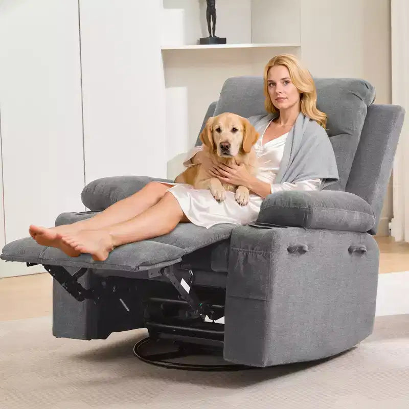 Drehbarer Relaxsessel mit Massage- & Heizfunktion, 360°-Gleiter mit Getränkehaltern & Seitentaschen, Ergonomisches Lounge-Sofa für Wohnzimmer, Wohnmobil, Kinderzimmer