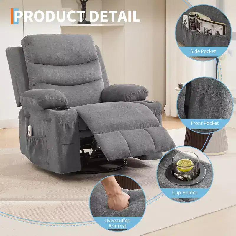 Drehbarer Relaxsessel mit Massage- & Heizfunktion, 360°-Gleiter mit Getränkehaltern & Seitentaschen, Ergonomisches Lounge-Sofa für Wohnzimmer, Wohnmobil, Kinderzimmer