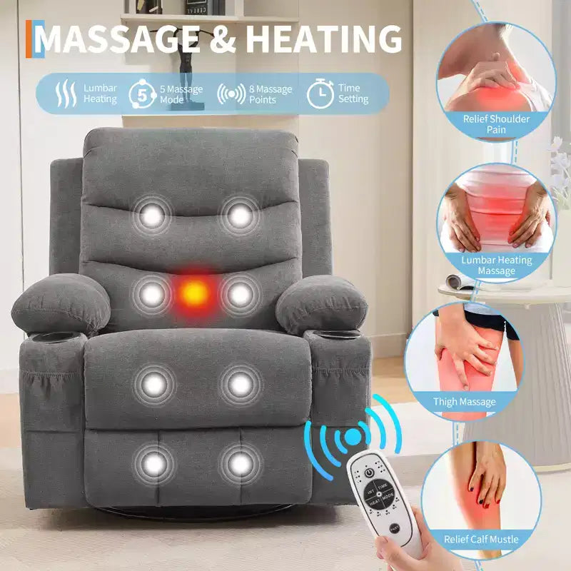 Drehbarer Relaxsessel mit Massage- & Heizfunktion, 360°-Gleiter mit Getränkehaltern & Seitentaschen, Ergonomisches Lounge-Sofa für Wohnzimmer, Wohnmobil, Kinderzimmer