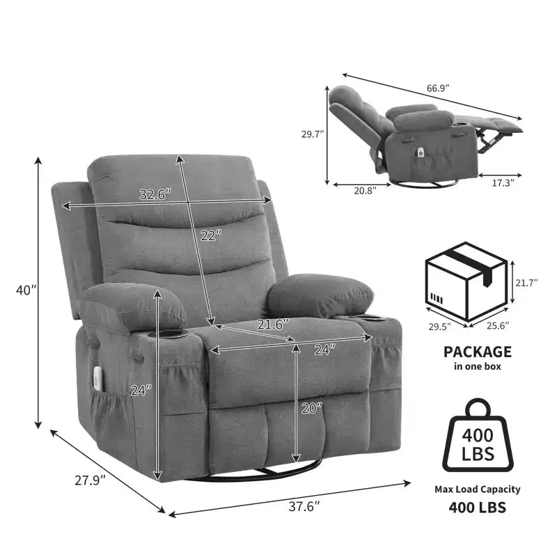 Drehbarer Relaxsessel mit Massage- & Heizfunktion, 360°-Gleiter mit Getränkehaltern & Seitentaschen, Ergonomisches Lounge-Sofa für Wohnzimmer, Wohnmobil, Kinderzimmer