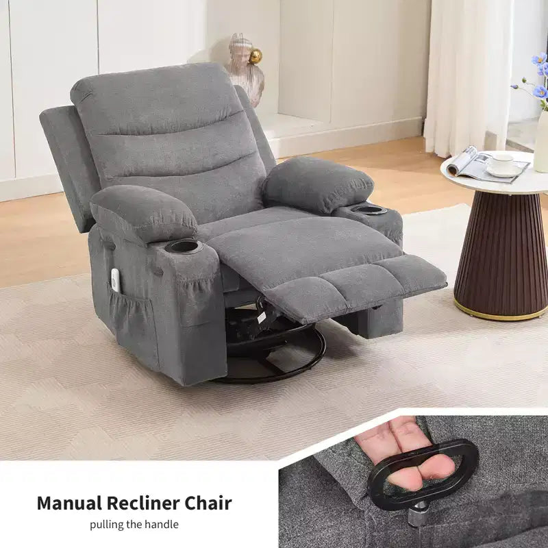 Drehbarer Relaxsessel mit Massage- & Heizfunktion, 360°-Gleiter mit Getränkehaltern & Seitentaschen, Ergonomisches Lounge-Sofa für Wohnzimmer, Wohnmobil, Kinderzimmer