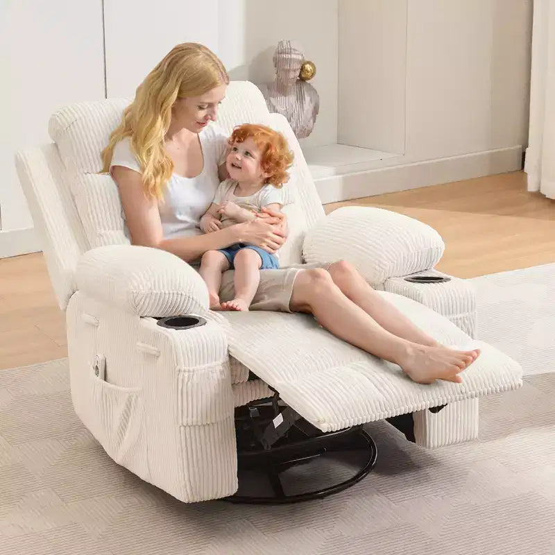 Drehbarer Relaxsessel mit Massage- & Heizfunktion, 360°-Gleiter mit Getränkehaltern & Seitentaschen, Ergonomisches Lounge-Sofa für Wohnzimmer, Wohnmobil, Kinderzimmer