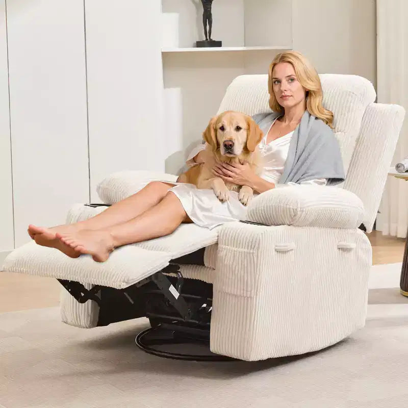Drehbarer Relaxsessel mit Massage- & Heizfunktion, 360°-Gleiter mit Getränkehaltern & Seitentaschen, Ergonomisches Lounge-Sofa für Wohnzimmer, Wohnmobil, Kinderzimmer
