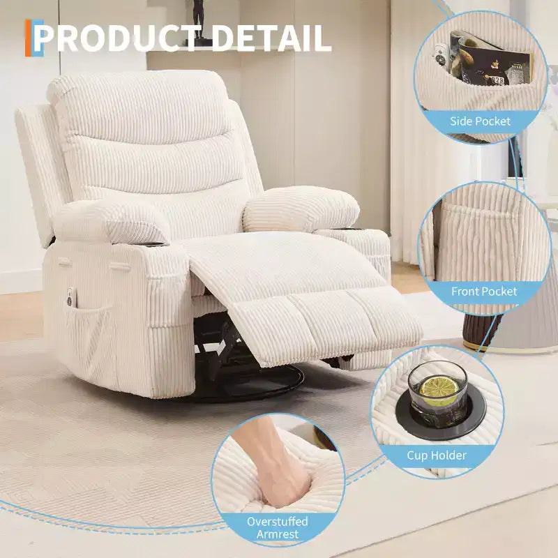 Drehbarer Relaxsessel mit Massage- & Heizfunktion, 360°-Gleiter mit Getränkehaltern & Seitentaschen, Ergonomisches Lounge-Sofa für Wohnzimmer, Wohnmobil, Kinderzimmer