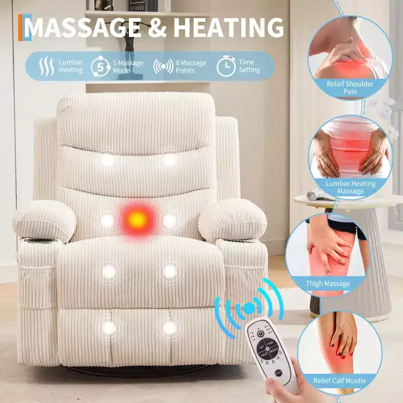 Drehbarer Relaxsessel mit Massage- & Heizfunktion, 360°-Gleiter mit Getränkehaltern & Seitentaschen, Ergonomisches Lounge-Sofa für Wohnzimmer, Wohnmobil, Kinderzimmer