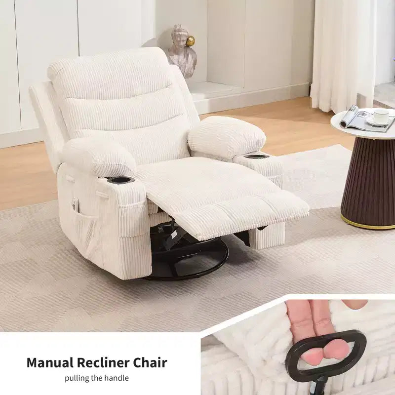 Drehbarer Relaxsessel mit Massage- & Heizfunktion, 360°-Gleiter mit Getränkehaltern & Seitentaschen, Ergonomisches Lounge-Sofa für Wohnzimmer, Wohnmobil, Kinderzimmer