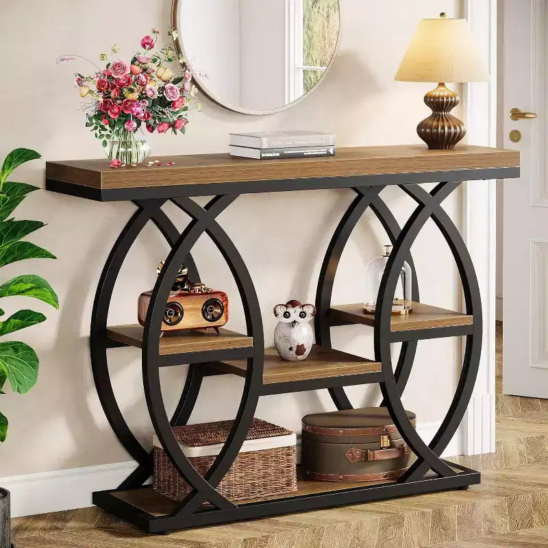 Lantine 39.4 Console Table, Industrial 4-Tier Sofa Table Entryway Table with Storage Shelves and Metal Frame for Small Spaces, Hallway, Foyer, Brown