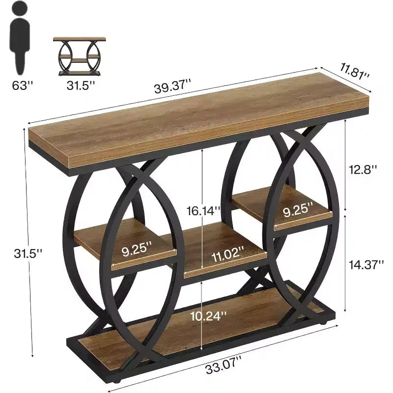 Lantine 39.4 Konsolentisch, industrieller 4-stufiger Sofatisch, Eingangstisch mit Ablageflächen und Metallrahmen für kleine Räume, Flur, Foyer, Braun