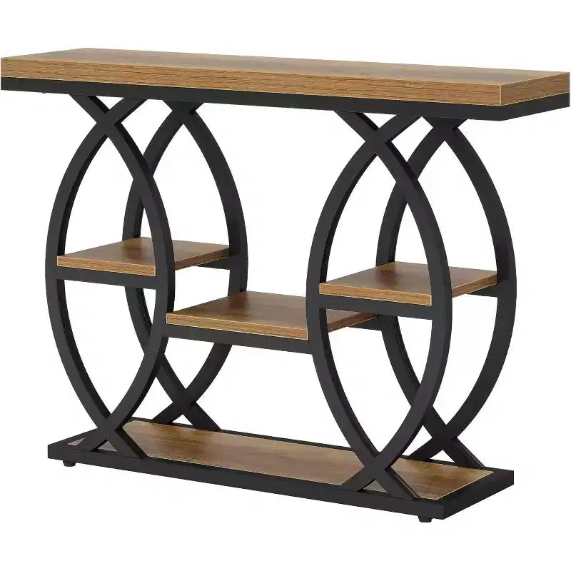 Lantine 39.4 Konsolentisch, industrieller 4-stufiger Sofatisch, Eingangstisch mit Ablageflächen und Metallrahmen für kleine Räume, Flur, Foyer, Braun