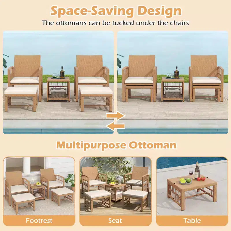 Costway 5-teiliges Terrassen-Sitzgruppe aus PE-Rattan, Balkonmöbel-Set mit Kissen