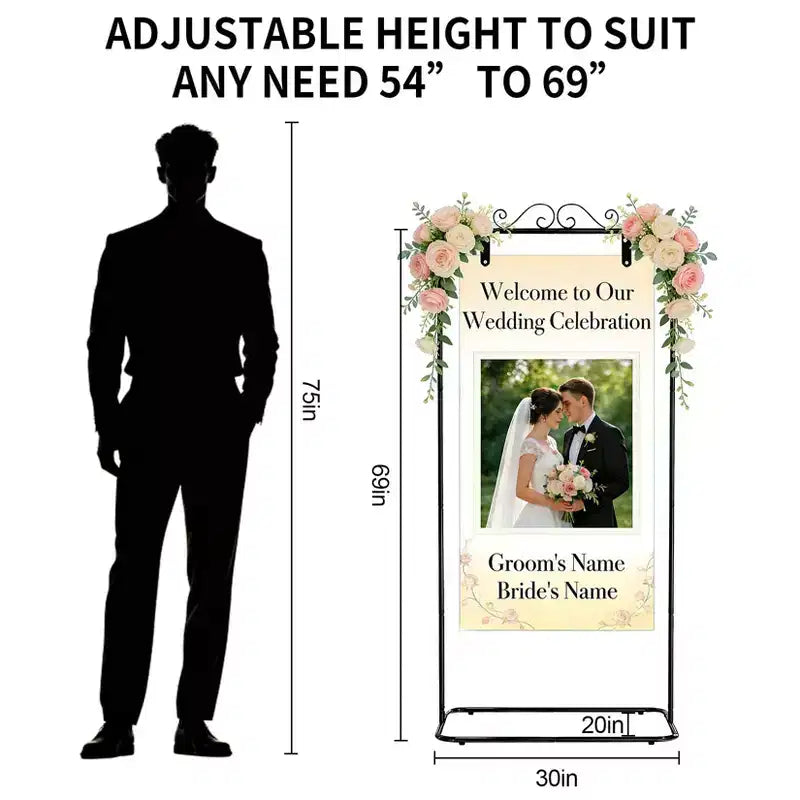 Verstellbarer Willkommensschild-Ständer – Robuster Metallschildhalter für Hochzeit, Geburtstag, Party, Gästebuch, inklusive 2 Paar Lederriemen