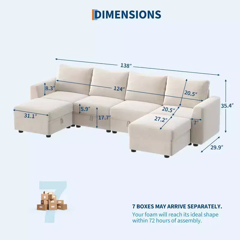 108-163 Modulares L/U-Sofa, 4-9 Sitzer Cloud Couch mit verstecktem Stauraum unter allen Sitzen, umbaubares Chenille-Schlafsofa mit Recamiere
