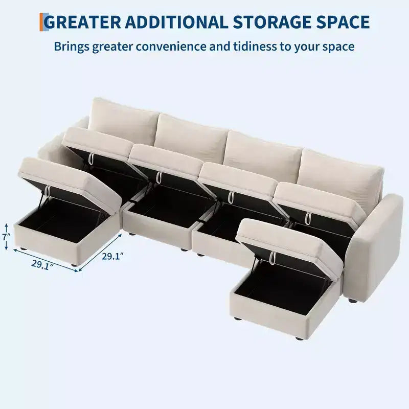108-163 Modulares L/U-Sofa, 4-9 Sitzer Cloud Couch mit verstecktem Stauraum unter allen Sitzen, umbaubares Chenille-Schlafsofa mit Recamiere