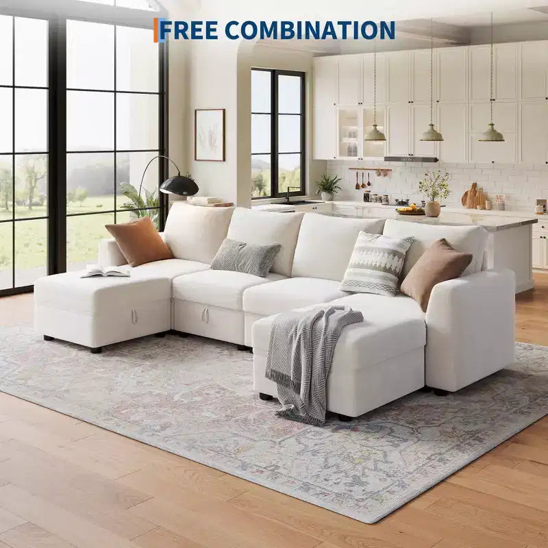 108-163 Modulares L/U-Sofa, 4-9 Sitzer Cloud Couch mit verstecktem Stauraum unter allen Sitzen, umbaubares Chenille-Schlafsofa mit Recamiere