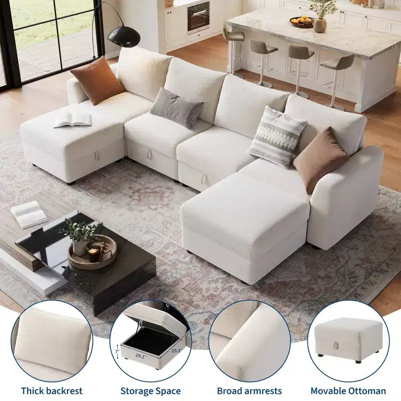 108-163 Modulares L/U-Sofa, 4-9 Sitzer Cloud Couch mit verstecktem Stauraum unter allen Sitzen, umbaubares Chenille-Schlafsofa mit Recamiere