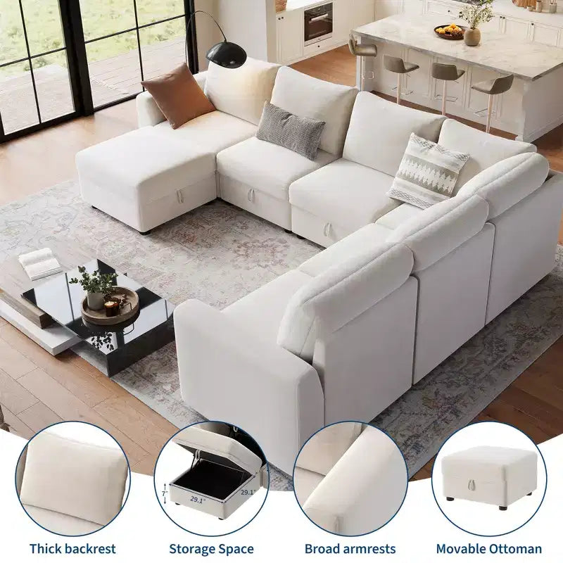 108-163 Modulares L/U-Sofa, 4-9 Sitzer Cloud Couch mit verstecktem Stauraum unter allen Sitzen, umbaubares Chenille-Schlafsofa mit Recamiere