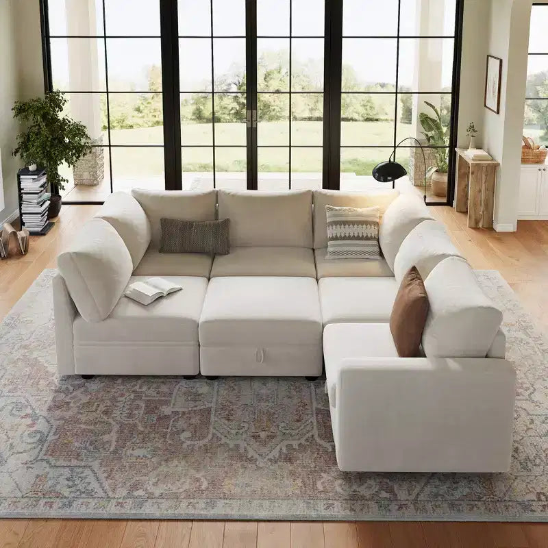 108-163 Modulares L/U-Sofa, 4-9 Sitzer Cloud Couch mit verstecktem Stauraum unter allen Sitzen, umbaubares Chenille-Schlafsofa mit Recamiere