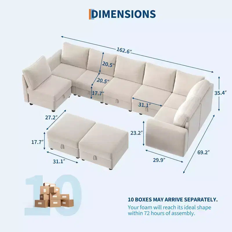 108-163 Modulares L/U-Sofa, 4-9 Sitzer Cloud Couch mit verstecktem Stauraum unter allen Sitzen, umbaubares Chenille-Schlafsofa mit Recamiere