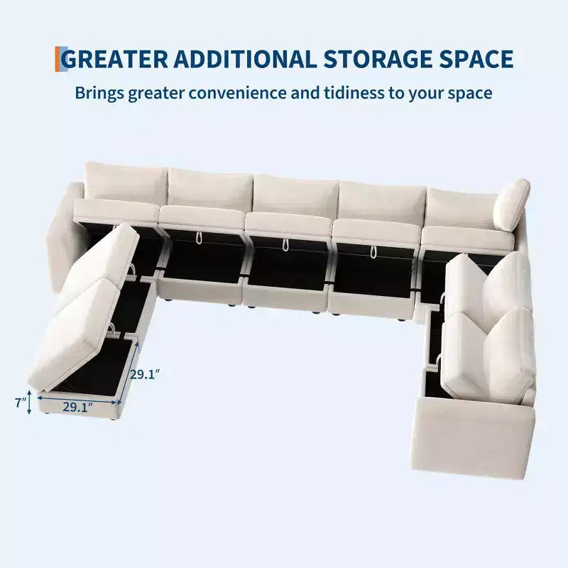 108-163 Modulares L/U-Sofa, 4-9 Sitzer Cloud Couch mit verstecktem Stauraum unter allen Sitzen, umbaubares Chenille-Schlafsofa mit Recamiere